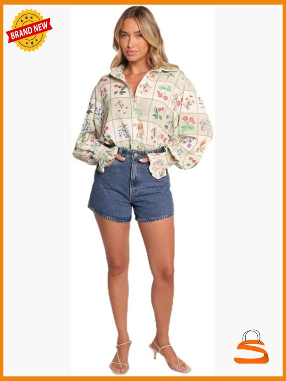 Long Sleeve Linen Blend Button Down Blouse Floral